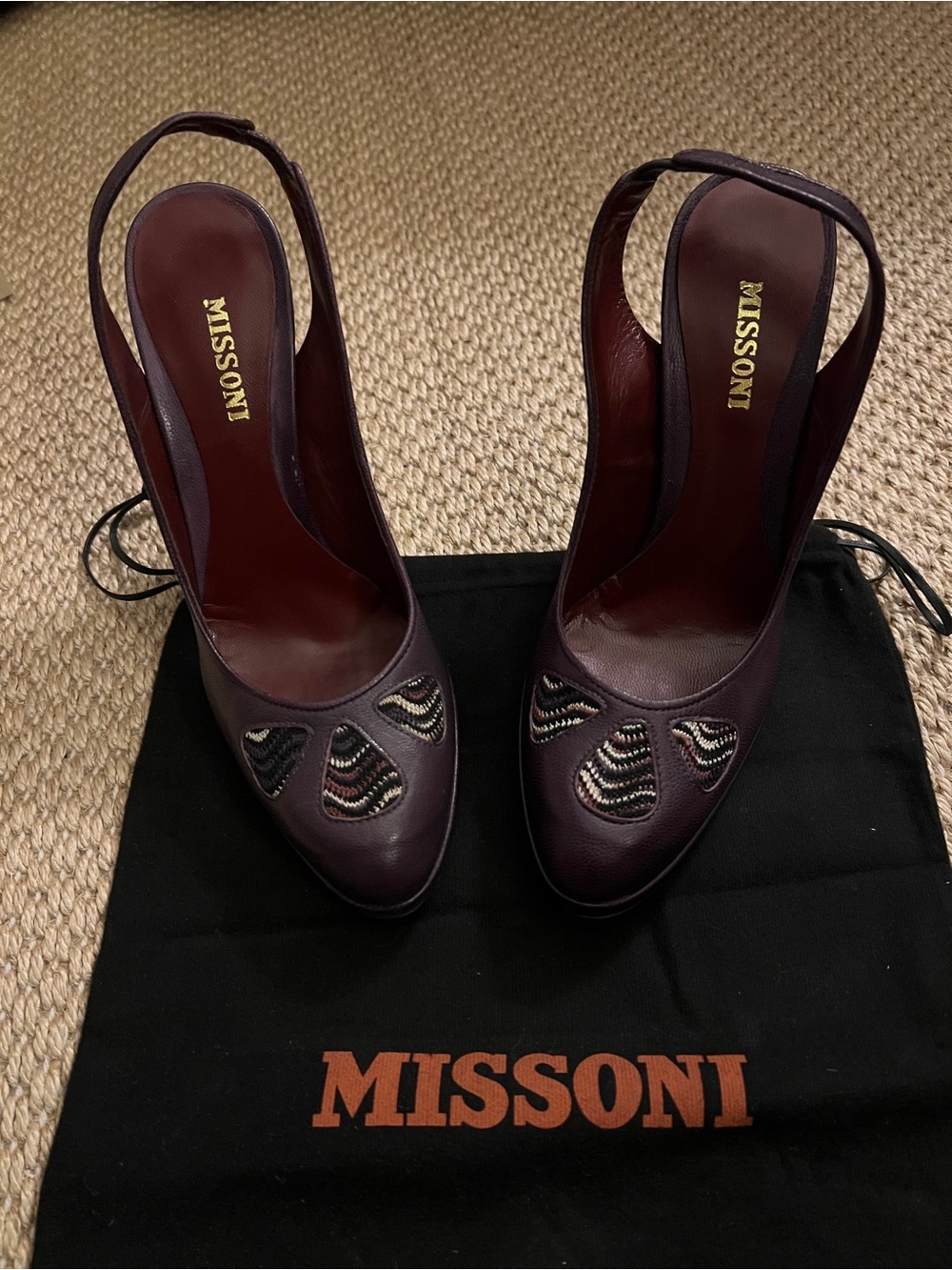 Missoni Purple Leather Block Heel Slingback Zigzag Chevron Knit